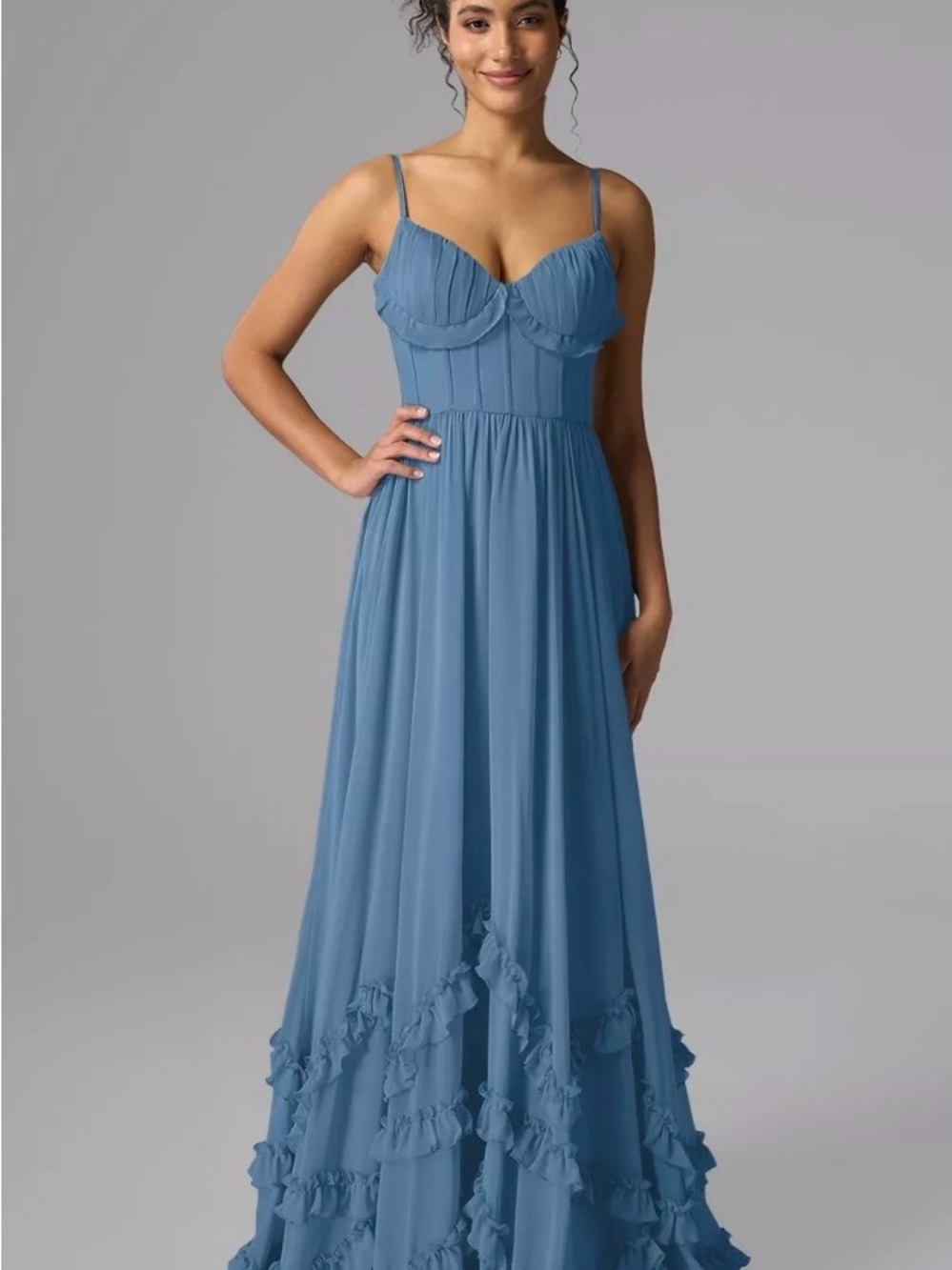 Dusty Blue Spaghetti-Strap Ruffle Maxi Dress